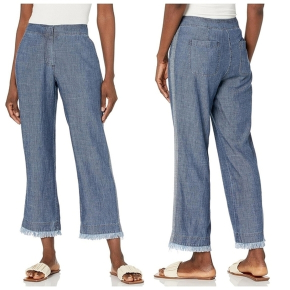 Trina Turk Filipe Chambray Pants Womens 6 Linen Tencel Frayed Casual Minimalist - Picture 1 of 11